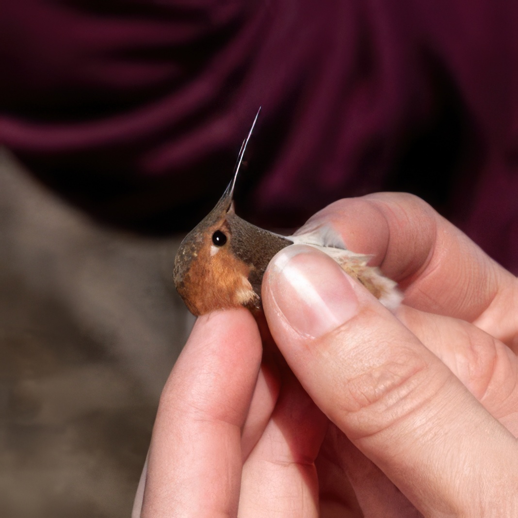 captured Allen's Hummingbird. Photo by Sean Doorly.